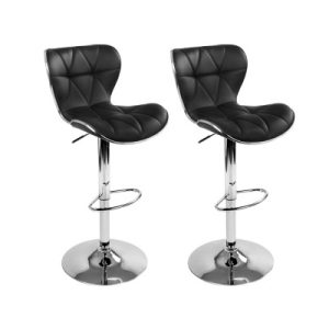 Set of 2 PU Leather Patterned Bar Stools - Black and Chrome