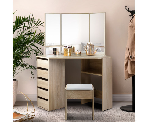 Artiss Corner Dressing Table Mirror Stool Set Makeup Vanity Desk Chair Oak